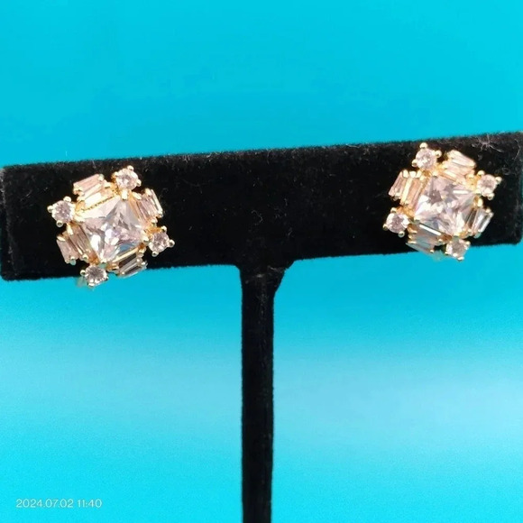 TJG Gold Tone Square Baguette Rhinestone Clip On Earrings - Picture 3 of 10